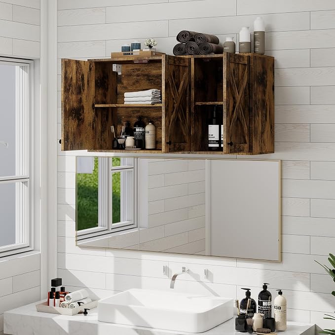 YOURLITE Laundry Cabinet, Medicine Cabinet, Bathroom Kitchen Storage Wall Mounted Farmhouse Organizer with Shelves Over Toilet, 36" Wide, Rustic