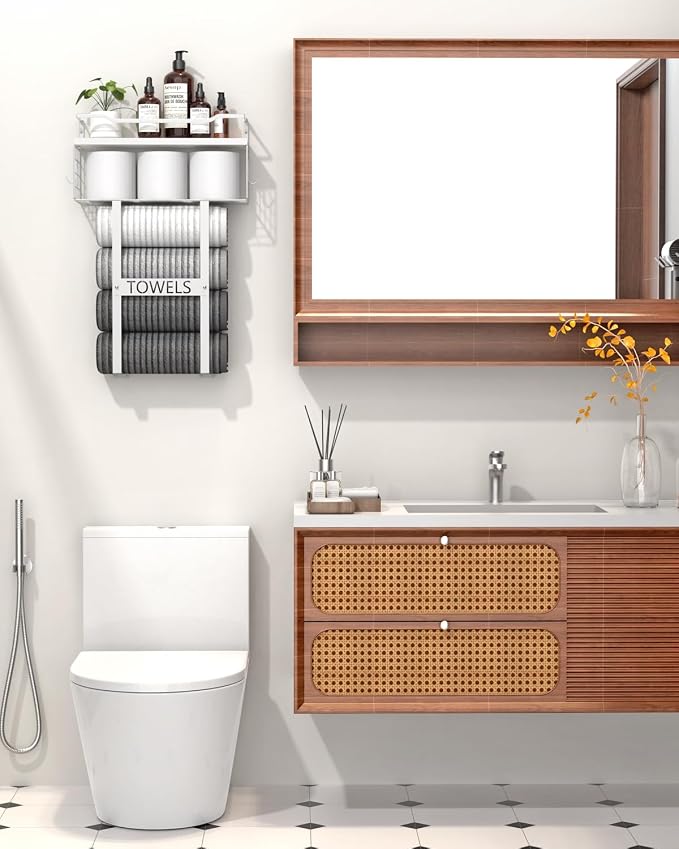Towel Racks for Bathroom Wall Mounted - Bath Wall Towel Holder Set Above Toilet Storage, Rolled Towel Shelf Organizer for Small Bathroom All White, Wood Vertical Towel Rack for Bathroom Wall Decor | Towel Storage with Wood Shelf & Metal Basket,Fit for ...