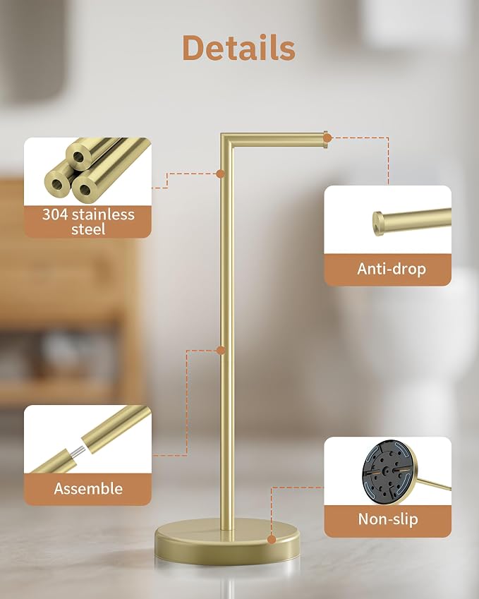 BWE Brushed Gold Toilet Paper Holder Stand, SUS304 Stainless Steel Modern | Free Standing Toilet Paper Holder for Bathroom and Washroom with Heavy Weighted Base Portable Saving Space