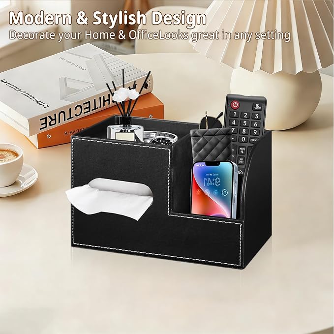 PU Leather Square Tissue Box Cover with Storage Tray,Cube Tissue Box Holder