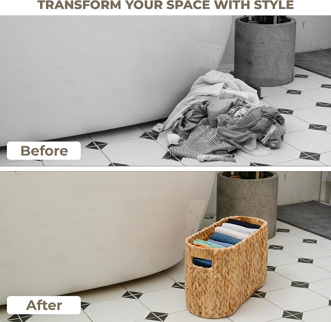KOKODO Water Hyacinth Toilet Paper Storage Basket with Handles, Free Standing Wicker Basket for Toilet Paper, Magazines, Toiletries & Cleaning Supplies, Holds 6 Rolls