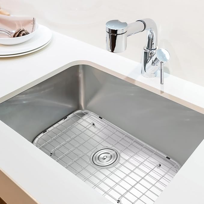 LQS Stainless Steel Kitchen Sink Grid and Sink Protector, Sinks Grate 26" x 13 3/8" with Center Drain Hole for Single Bowl, Sink Protectors for Kitchen Sink