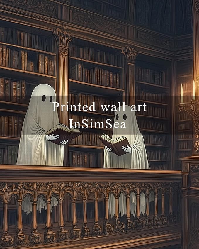 InSimSea Framed Canvas Prints Art Vintage Decor, Cute Reading Ghosts Library Painting, Moody Spooky Dark Academia Wall Art for Bathroom, Halloween Witchy Room Wall Cottagecore Decor, 12x16inch