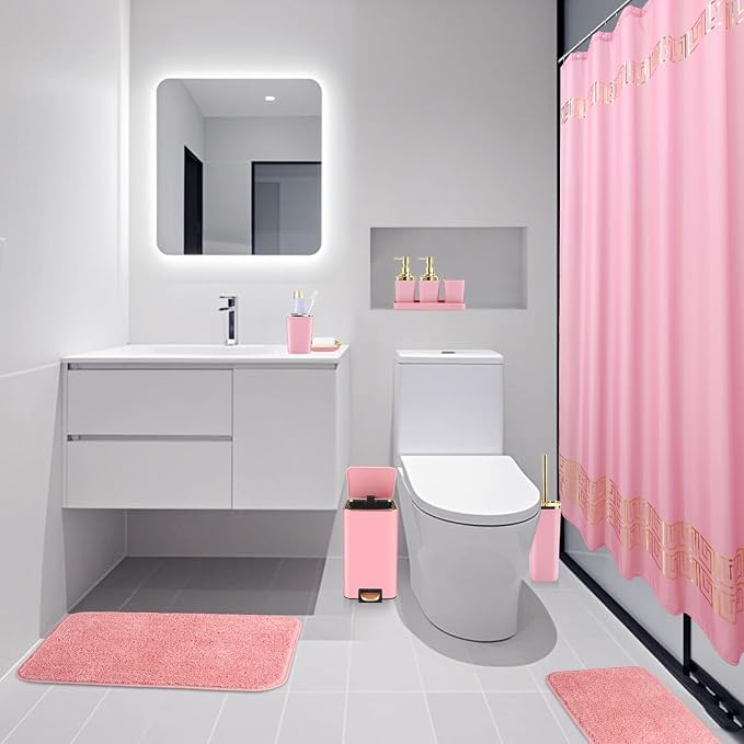 XLHOMO Bathroom Sets with Shower Curtain and Rugs Bathroom Accessories Set Pink Bathroom Set,Shower Curtain Set with Stainless Steel Trash Can