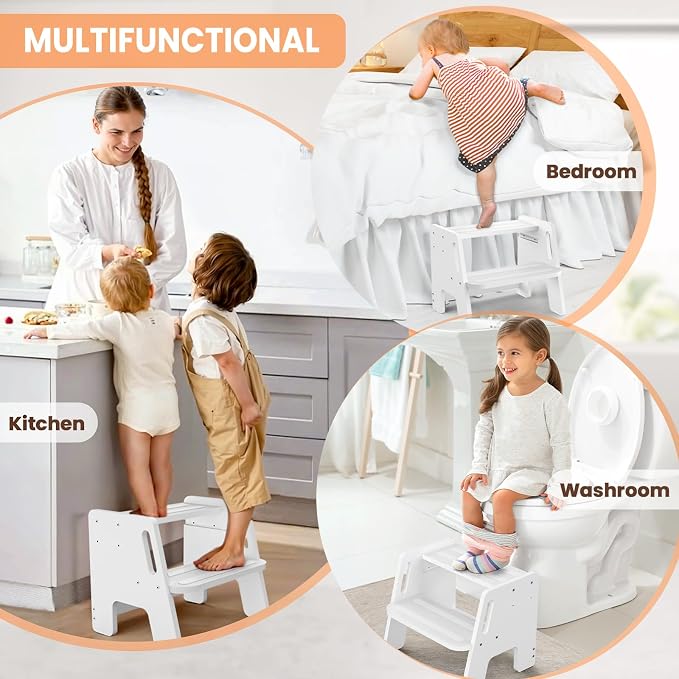 Toddler Step Stool, Wooden Height-Adjustable 2-Step Stool for Kids, Potty Training Stool with Handles for Bathroom Sink, Kitchen, Bedroom-White