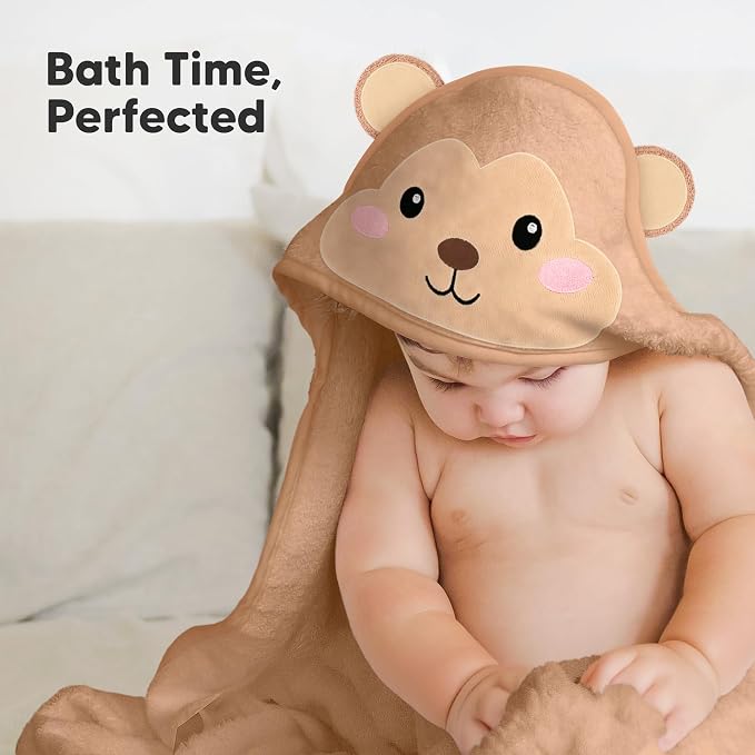 KeaBabies Hooded Baby Towel for Newborn, Baby Bath Towels (Monkey, 35x35) | Viscose Derived from Bamboo, Large Baby Towels with Hood, Boys, Girls, Toddler, Soft Absorbent Baby Bath Essentials