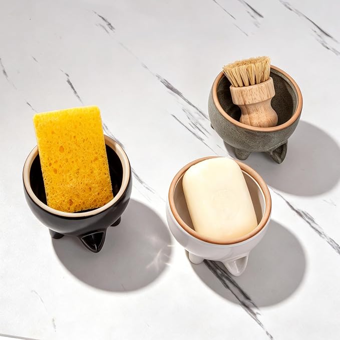 Soap Dish, Self Draining Ceramic Soap Holder for Shower, Bath, Kitchen Sink | Soap saver holds Sponge, Scouring Pads, steel wool. Drains to keep bar dry & counter clean. Fits most decor