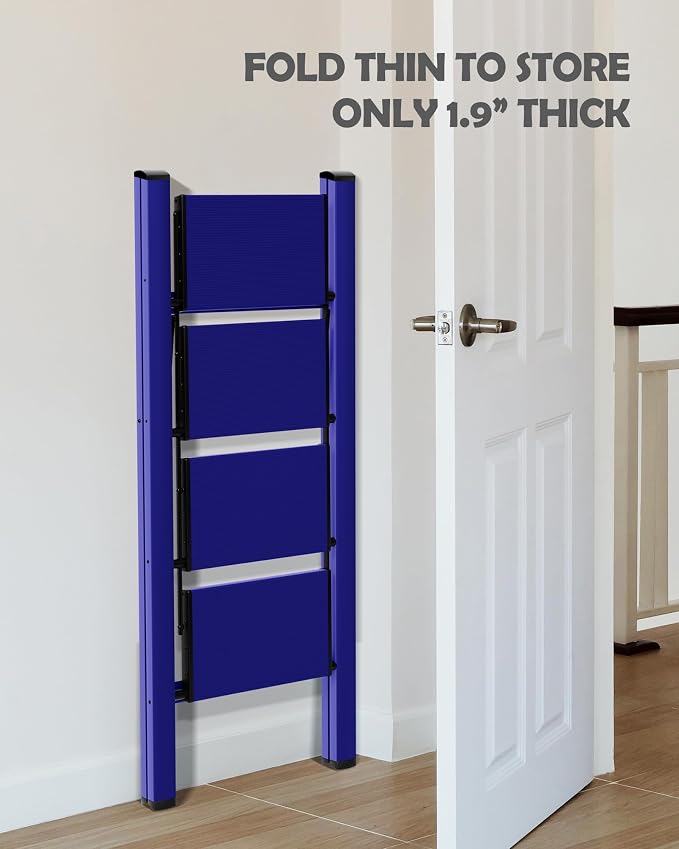 Taranta 4 Step Stool Foldable,Aluminum Step Ladder-Blue | Lightweight,Wide Anti-Slip Pedals,Folding Step Stool,330lbs Capacity Stepladder for Household,Kitchen,Office