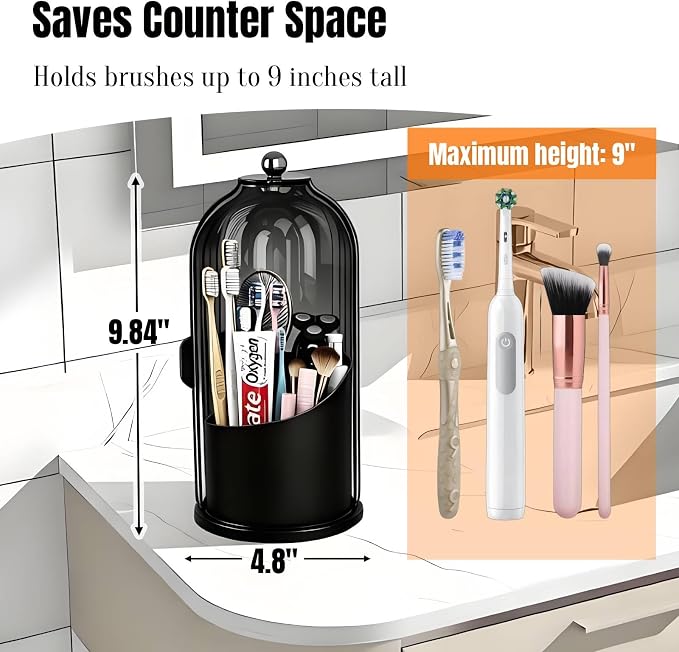 JEESA Dustproof Toothbrush Holder with Cover, All Black | 360° Rotating, 180° Sliding Lid, 3 Slots, Toothbrush Organizer, for Bathroom Countertop