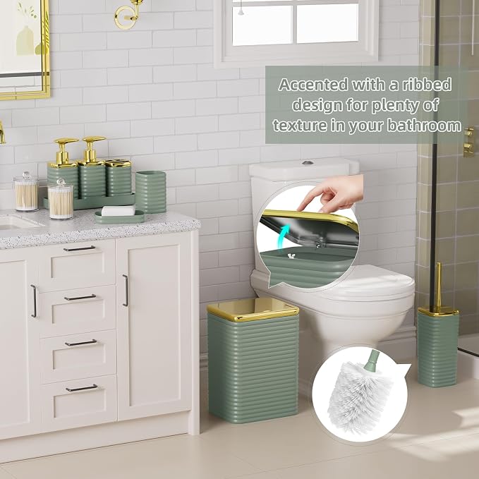 Bathroom Set - 25PC Bathroom Sets with Shower Curtain and Rugs, Sage Green Bathroom Set, Bathroom Accessory Set, Luxury Bathroom Accessories Set, Trash Can, Toilet Brush & Soap Dispenser