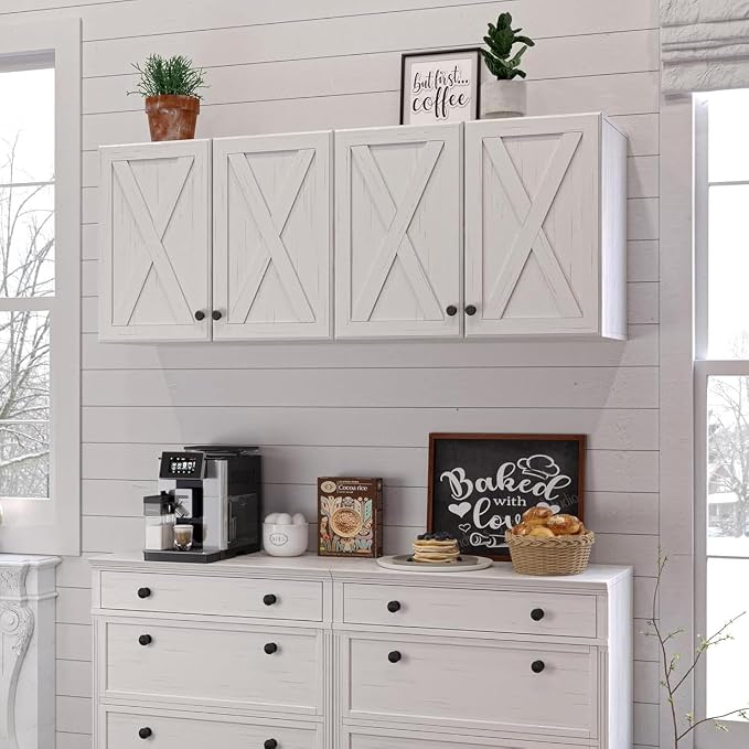 FIMELLO Wall Cabinet, Bathroom Wall Cabinet, Farmhouse Wall Mounted Cabinets for Kitchen Garage Laundry Storage, Medicine Cabinet with 2 Door and Shelf, Laundry Room Wall Cabinets, White Grain