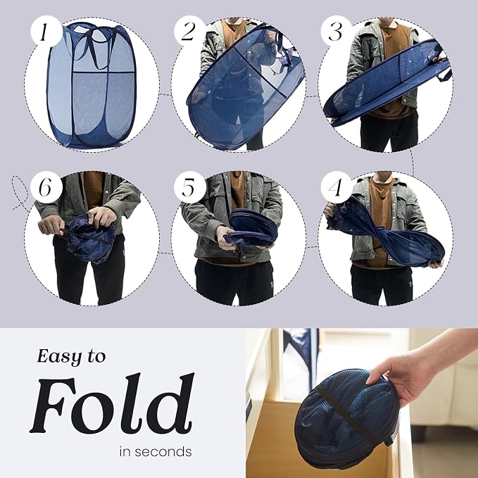 Collapsible Mesh Laundry Basket with Side Pocket & Sturdy Handles | 60L, breathable and quick-drying, pops up instantly, easy carrying for bathroom, laundry room, dorm, and RV travel