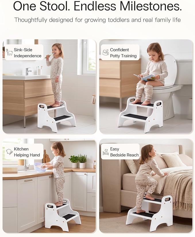 StrongTek Wooden 2 Step Stool, 350 lb Capacity, Non-Slip, White | Wide Non-Slip Surface, Portable Handles, Stable Support for Sink, Potty Training, Kitchen, Bathroom and Bedside