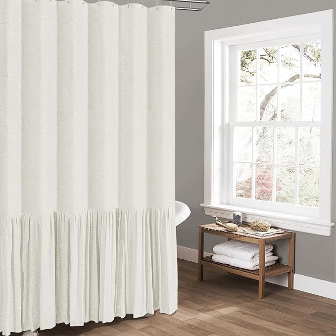 Extra Long Linen Ruffle Farmhouse Cloth Shower Curtain, 72x80, Natural | Ruffle Hem, Heavy Duty Fabric, 12 Hooks, Elegant Drape, Shabby Chic Style, Bathroom Decor, Machine Washable, Easy To Install