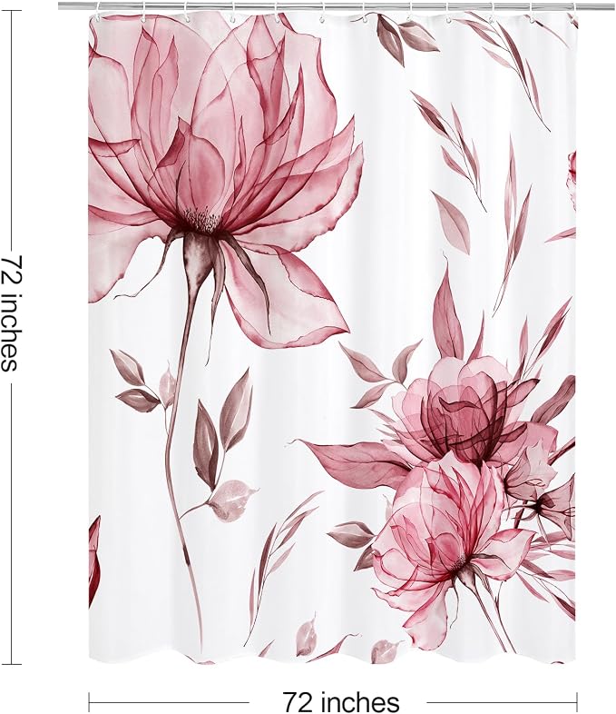 Litabel Burgundy Boho Watercolor Floral Shower Curtain, Ink Painting Style Blossom & Leaf Shower Curtains for Chic Elegant Bathroom, Artistic Fabric Cloth Modern Flower Shower Curtain, 72x72
