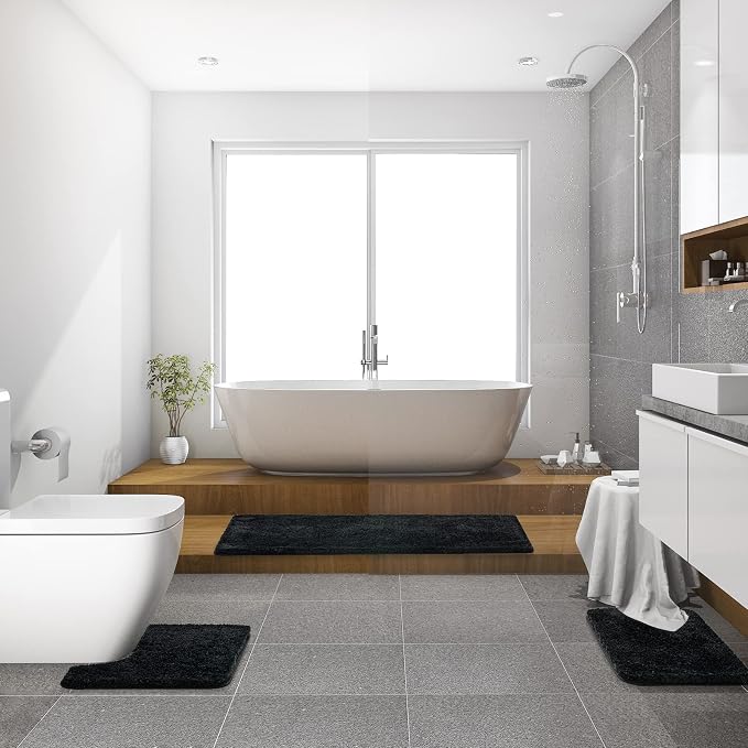 MIULEE Black Bathroom Runner Rugs Soft Microfiber Bath Mat 24x60 Inch | Absorbent, Non Slip, Quick Dry, Fluffy Bath Rugs for Bathroom Floor Tub Showers, Machine Washable