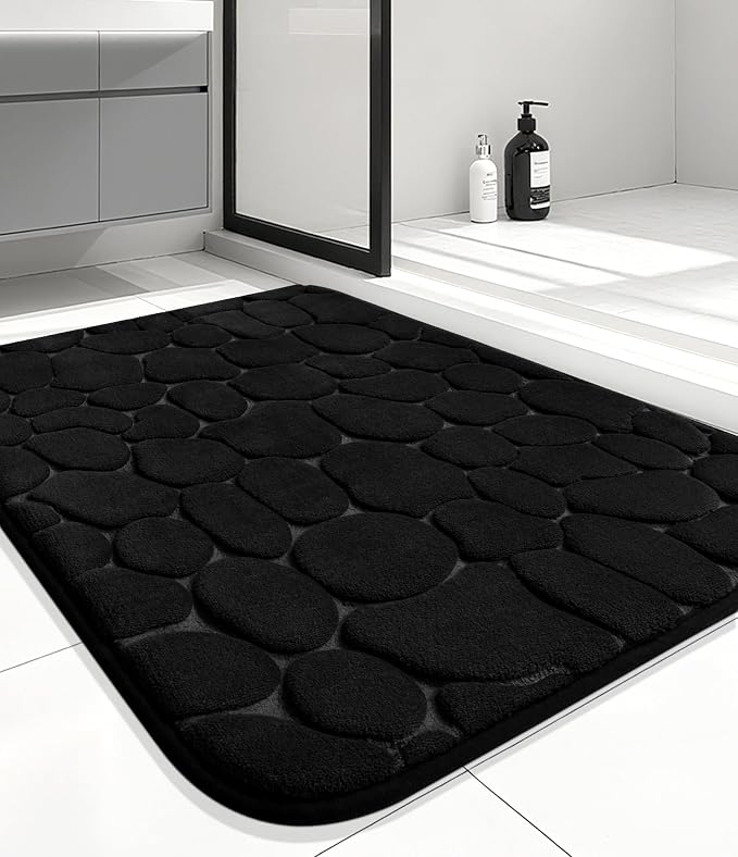Bathroom Mat Rug, Memory Foam Bath Mat, Non-Slip Bathroom Floor Mats, Cobblestone Bath Mats Absorbent Bath Rugs Washable Quick Dry (17x24,Black)