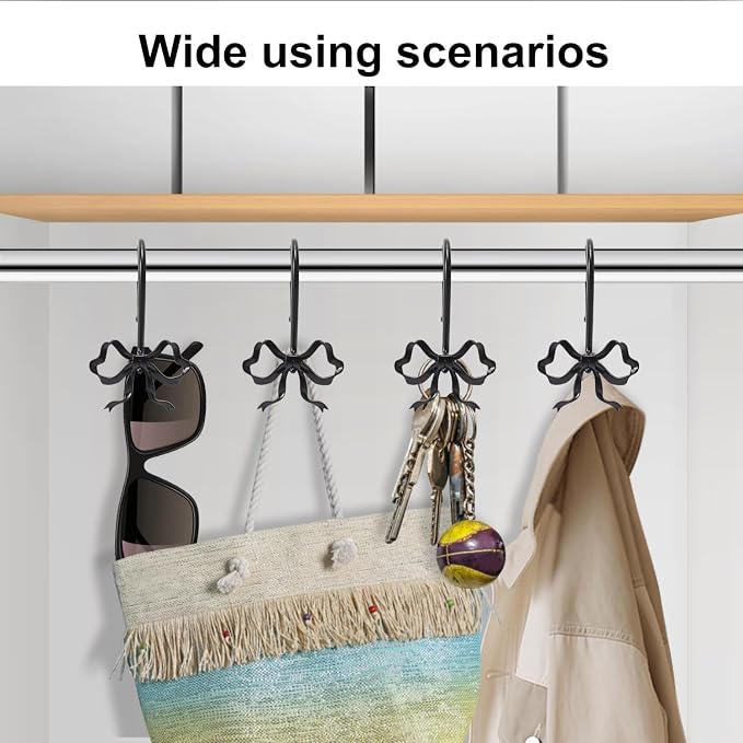 Bow Shower Curtain Hooks, 12-Pack Black Metal Decorative Bow Knot Rings | Rust-resistant metal rings with black bow knot accents add decorative charm to bathrooms, guest baths