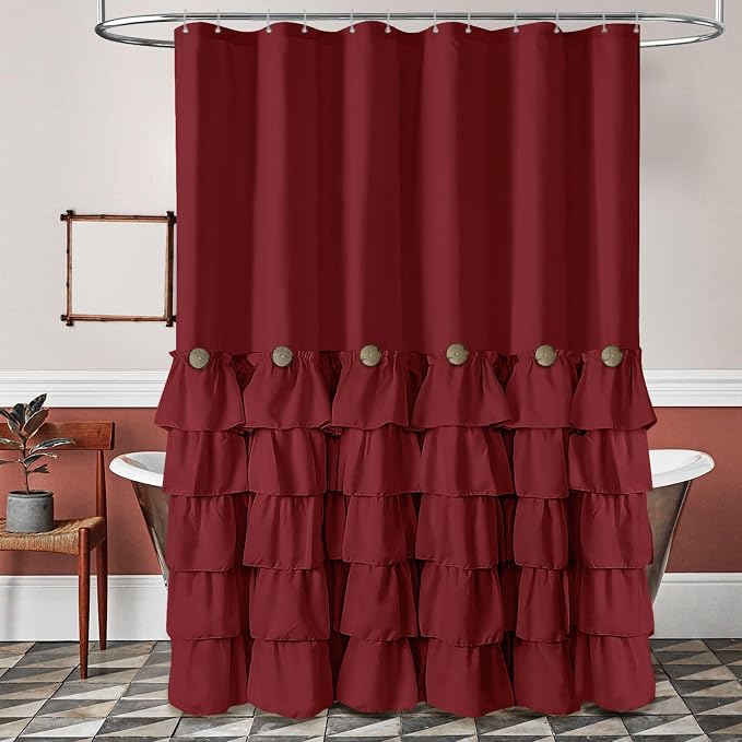 Seasonwood Burgundy Shower Curtain with Nature Buttons Extra Long Shower Curtain Ruffle Shower Curtains Farmhouse Shower Curtains for Bathroom 72" W x 84" L,Burgundy/Red
