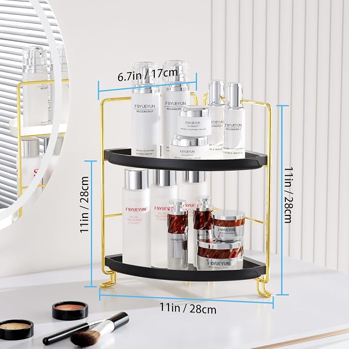 FSyueyun 2-Tier Corner Bathroom Counter Organizer, Gold & Black | Plastic Bathroom Organizer Countertop for Skincare, Perfume, Makeup, Tool-Free Assembly, Small Bathroom Corner Tray Shelf