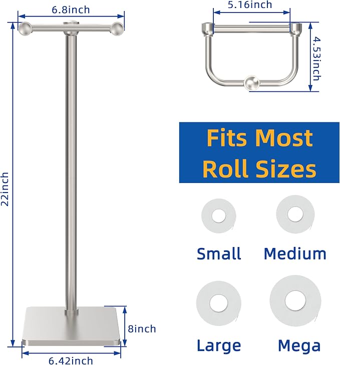 RUACQ Bathroom Toilet Paper Holder Stand, Brushed Nickel | Dual-Post Pivoting Free Standing Toilet Roll Holder with Weighted Base, Anti-drop Design 304 Stainless Steel Tissue Stand