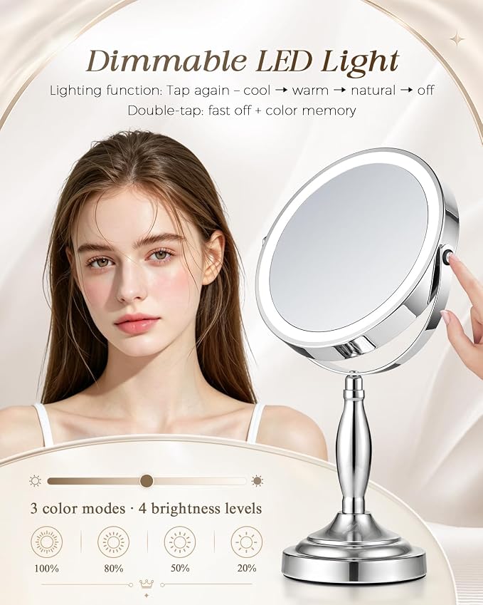 30X/1X Magnifying Mirror with Lights, Rechargeable Lighted Makeup Mirror | Chome, 5000mAh Battery, 3 Color Dimmable Lights, 8in, Side Touch Control, Side Charging, 360° Rotation, Extendable Arm