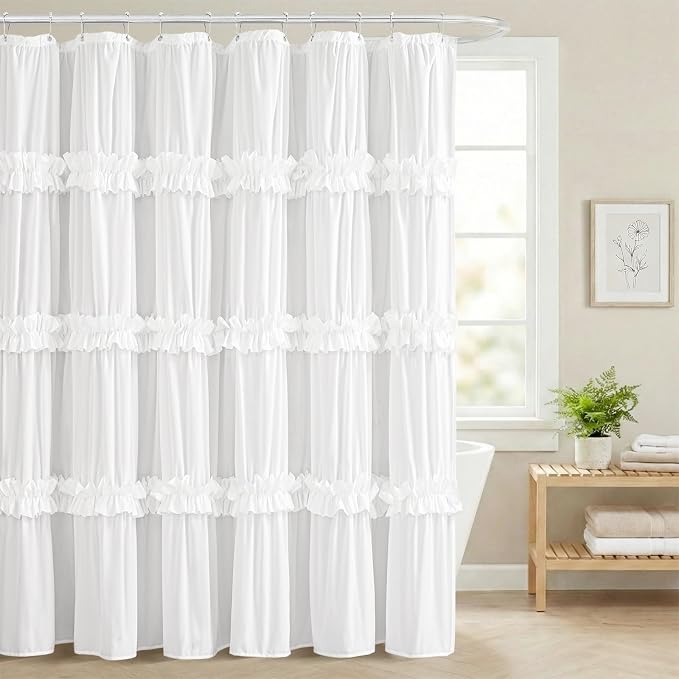 LIPA Extra Long Boho Shower Curtain Rustic Ruffle Shower Curtain with Ruched & Bow Vintage Farmhouse Shower Curtains for Bathroom Bohemian Bathroom Decor(White,72x84 Inches)