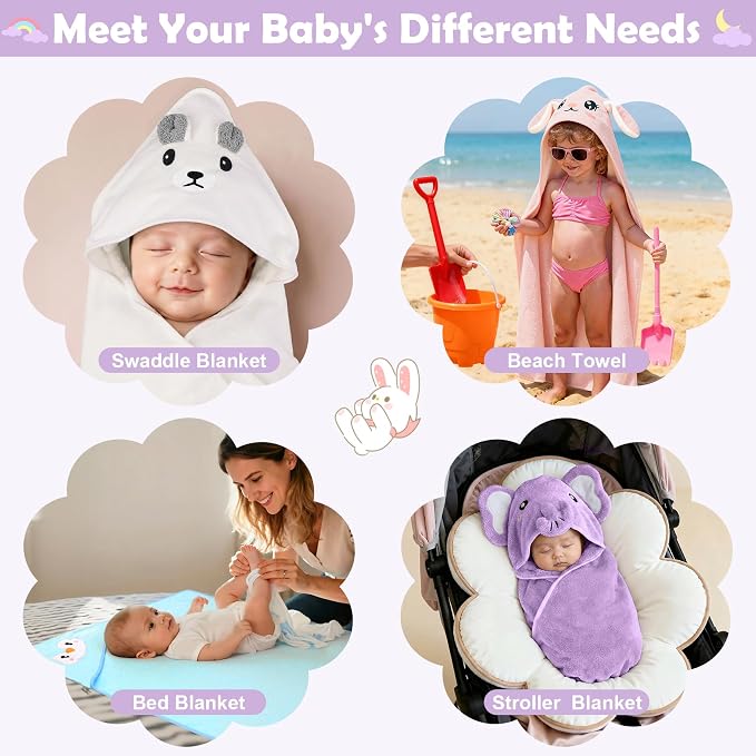 12 PCS Baby Bath Towels Set for Infants Toddlers Essentials | 4 PCS Baby Towels & 8 PCS Washcloths Set, Cute Animal Hooded, Ultra Absorbent & Soft, Newborn Shower Gifts for Boys & Girls