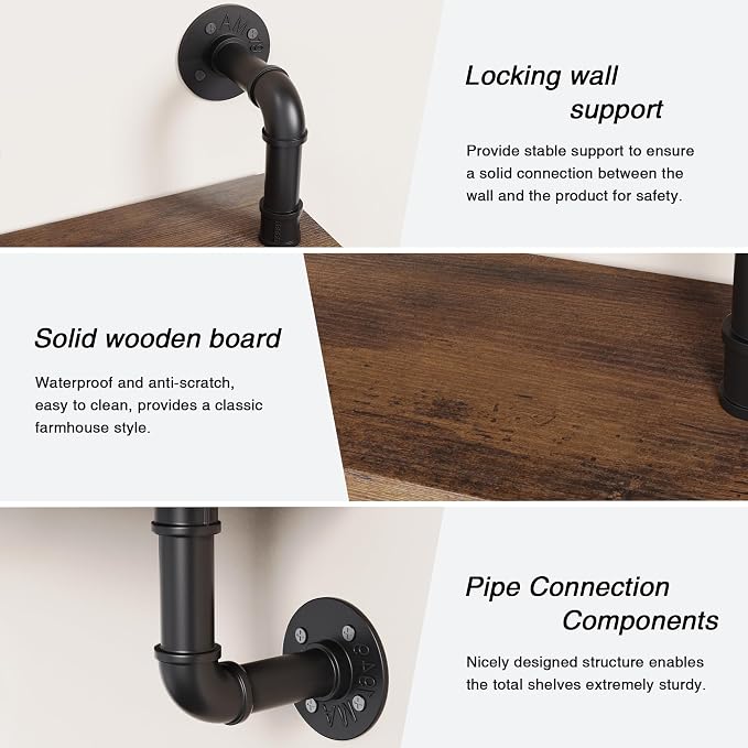 Merapi 3 Tier Rustic Floating Shelves Industrial Pipe Floating Shelf | Wall Mounted for Wall, Kitchen Storage Shelves, Coffee Bar Shelf Organizer, Bathroom Wall Shelves, Living Room Wall Decor
