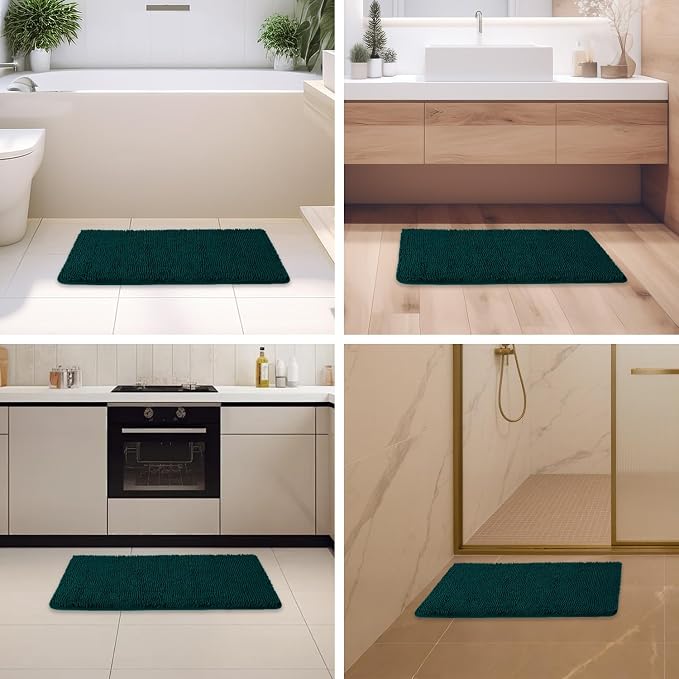 Dark Teal Bathroom Rugs – Absorbent and Washable Bath Mat, Non-Slip, Thick Soft Chenille Bath Rugs for Bathroom Floor, Shower, Sink - 20" x 32"