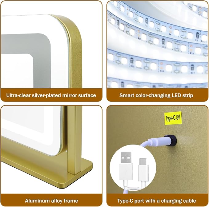 Vanity Mirror with Lights 22"×17", Large LED Makeup Mirror with Light, Smart Touch with 3-Color Lighting, Dimmable, 360° Rotation, HD Desk Mirror, Vanity Mirror Tabletop (Gold)