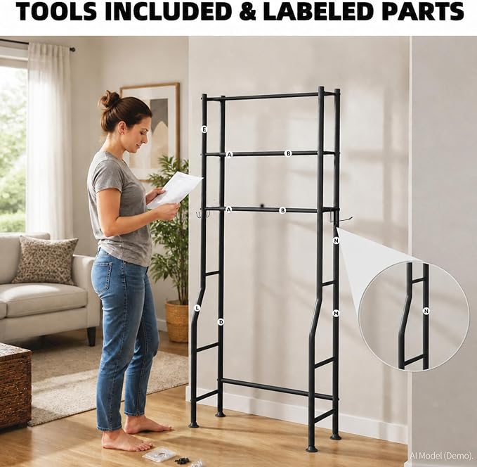 GloTika 3-Tier Over Toilet Storage, Anti-Tilt, 64" H, Black | Anti-Tilt Safety System, 150lb Capacity, Carbon Steel, Freestanding, No Drilling, Anti-Rust Coating, Paper Holder & 4 Hooks