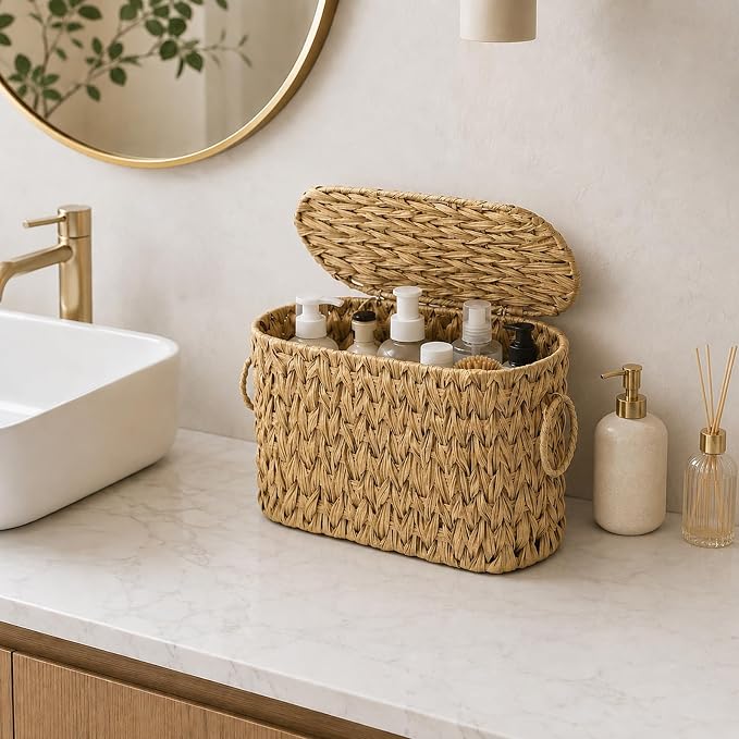 Toilet Paper Storage Basket with Lid, Narrow Bathroom Organizer for 6 Mega Rolls, Waterproof Wicker Look Plastic Basket with Handles, Toilet Tank Top Holder, Farmhouse Bathroom Storage Bin (Linen)
