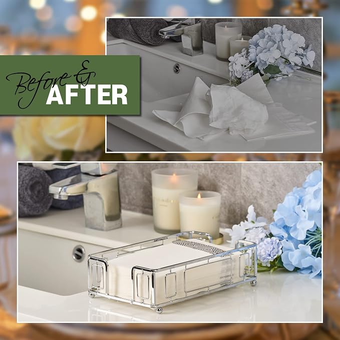 Guest Towel Holder Tray for Bathroom Countertop, Silver Metal | Guest Bathroom, Powder Room & Vanity Use