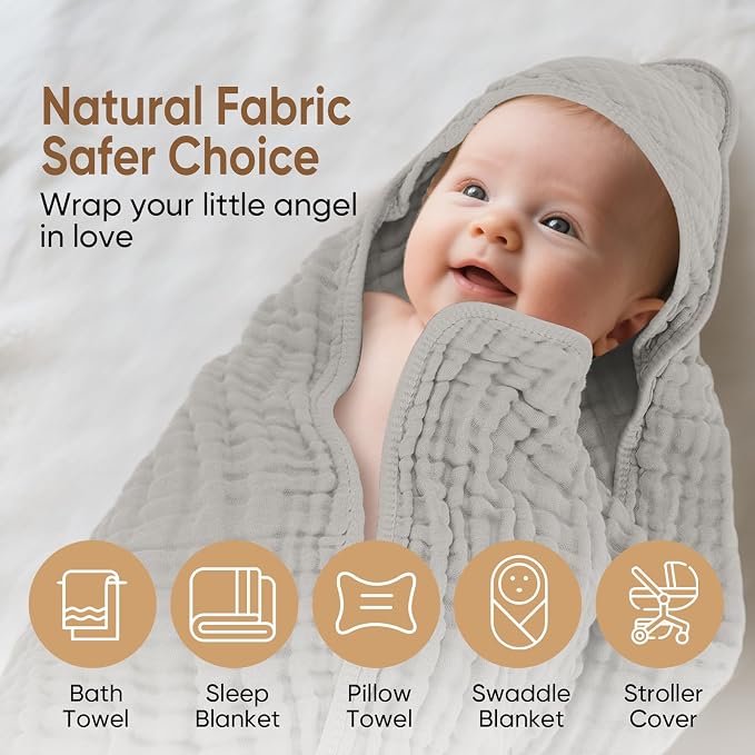 MIGIOL Muslin Hooded Baby Towels 100% Cotton ,Super Soft Muslin Baby Bath Towel - 32 x 32 Inches, Suitable for Newborn and Young Children up to 3 Years Old. (Grey & Green)