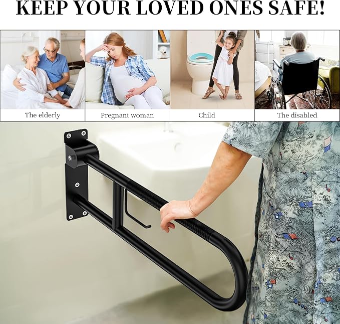 Toilet Grab Bar 32 Inch, YuanDe Flip Up Grab Bar with Paper Holder | Matte Black Anti-Slip Safety Bars for Toilet, Stainless Steel Knurled Toilet Handles for Seniors Disabled Elderly Pregnant