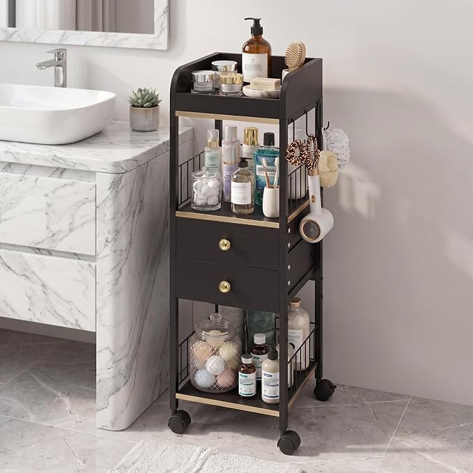 Makeup Organizer Cart, Rolling Floor Skincare Organizer and Storage with 2 Wooden Drawers, Cosmetics Display Cases Holder for Skin Care Perfume Hair Tools Nail Polish(Black&Glod)