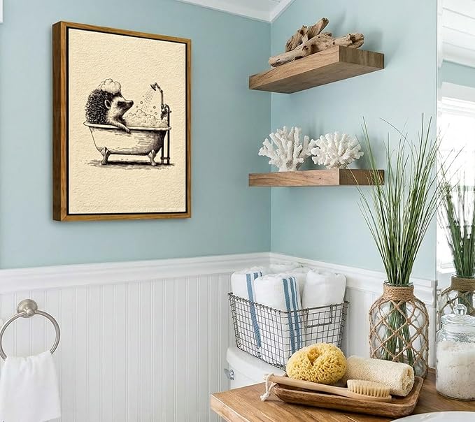 Floating Framed Funny Hedgehog Bathroom Canvas Wall Art, Cute Animal Bathing in Bathtub Painting Picture Wall Decor, Vintage Neutral Sketch Poster Print Artwork, for Bathroom, Home Decoration 8x10in