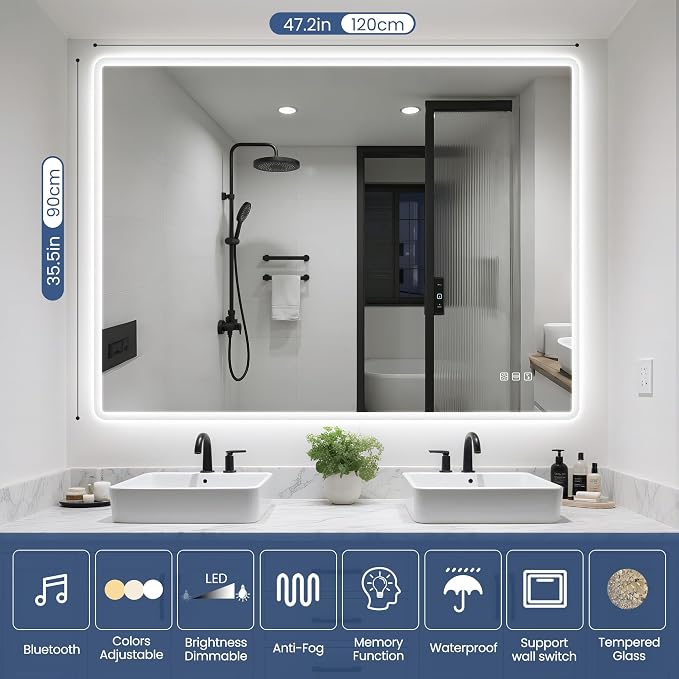 STARLEAD 48"x36" LED Bathroom Mirror with Bluetooth Speaker, 3 Color Temperature, Stepless Dimming, Anti-Fog, Touch Control, Wall-Mounted Vanity Mirror, Vertical or Horizontal