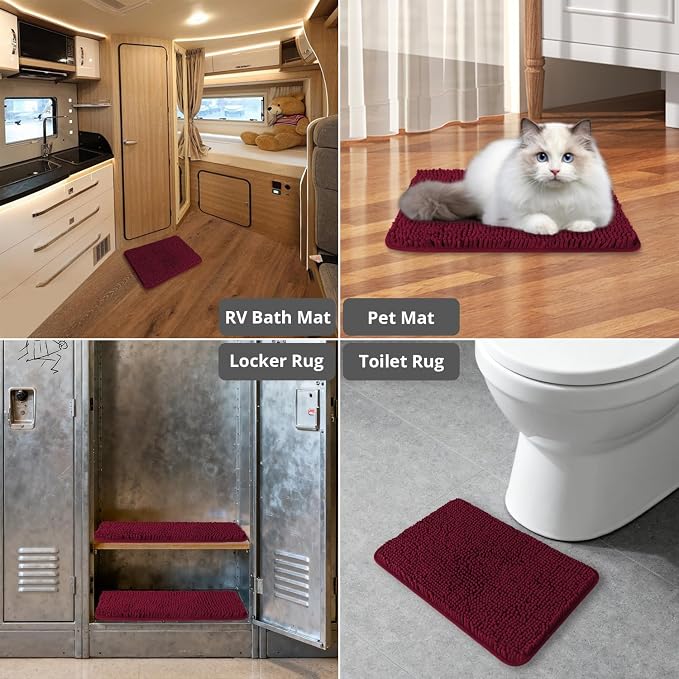 Small Bathroom Rug 12"x18" – Washable and Absorbent Bath Mat, Non Slip, Thick Soft Chenille Bath Rugs for Bathroom, Shower, Sink, Dog mat(Vivid Burgundy)