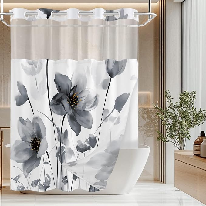 No Hook Shower Curtain and Liner Set, Black Boho Floral 71x74 | Watercolor Boho Flower, with Snap in Liner, Waterproof, Machine Washable, Quick-Drying, for Hotel Bathroom