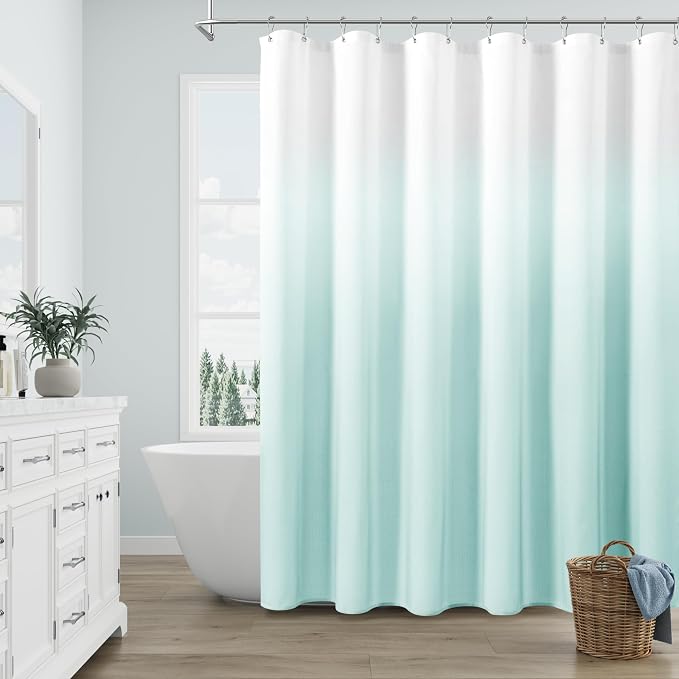 Aqua Shower Curtain for Bathroom, Blue and White Teal Ombre Shower Curtains Bathtub Luxury Hotel Spa Modern Polyester Gradient Washable Durable Decorative Bath Cloth with Hooks 72x72 Inch