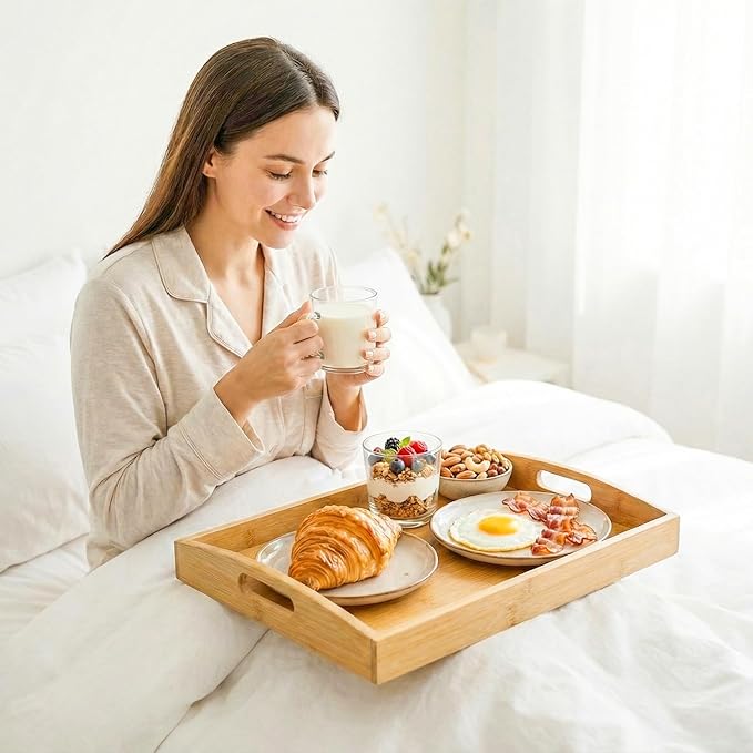 Bamboo Serving Tray Set of 3, Bamboo Trays with Handles | Decorative bamboo serving trays for serving, storage,kitchens, living rooms,bathrooms, outdoor scenarios and more