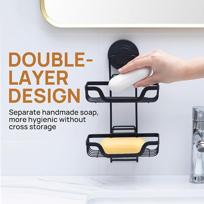 Bar Soap Holder with Hooks, Suction Cup Soap Dish Stainless Steel | 2 Layer Soap Holder Shower Wall Mounted, Soap and Razor Holder for Shower, Rustproof for Bathroom, Sponge Holder Saver