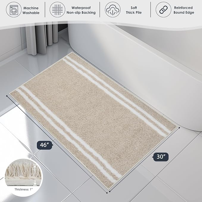 PURRUGS Bathroom Rug, Bath Mat, 30" x 46", Beige | Machine Washable, Non-Slip, Waterproof TPR Backing, Super Absorbent, Quick Dry, Bath Rug for Shower, Bathtub, and Sink