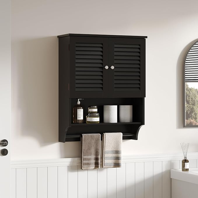 ChooChoo Bathroom Wall Cabinet with Towel Bar and Ample Storage | 23.6"L x 8.8"W x 29.5"H MDF Medicine Cabinet, Over The Toilet Space Saver Storage Cabinet with Adjustable Shelf, Black