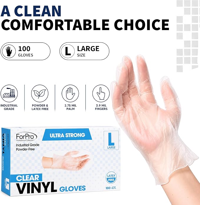 ForPro Disposable Vinyl Gloves, Industrial Grade, Powder & Latex Free, Non-Sterile, Food Safe, 2.75 Mil Palm, 3.9 Mil Fingers