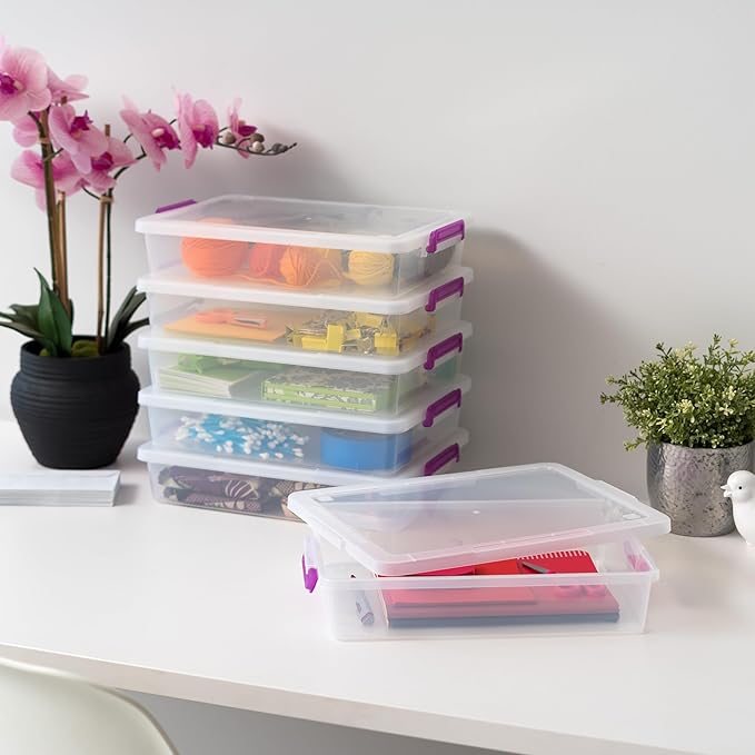 IRIS USA Storage Bins with Lids |Made in USA| 6 Qt - (6-Pack) - Clear | Plastic Containers for Crafts, Art, Office & Study Supplies / Secure Latch Buckles