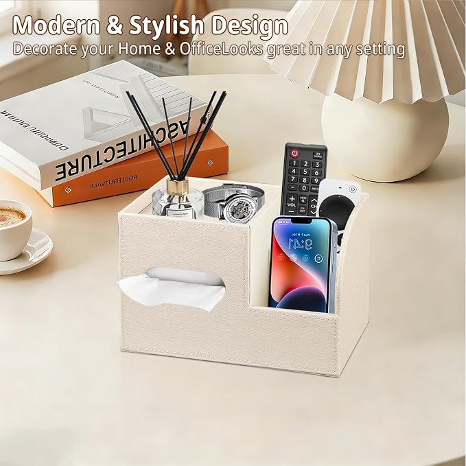 PU Leather Square Tissue Box Cover with Storage Tray,Cube Tissue Box Holder