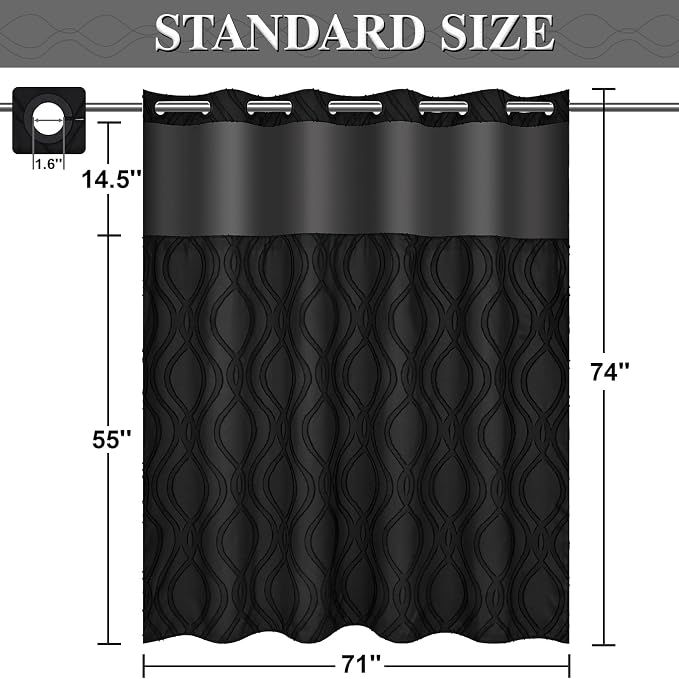 Yinhua No Hook Shower Curtain with Snap in Liner Set, 71" W×74" L, Black | Hotel Style with See Through Top Window, Washable Waterproof, Tufted Textured, Hookless Curtain for Bathroom Bathtub
